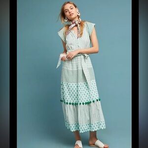 Akemi + Kin Anthropologie Esme Green and White Boho Maxi Short Sleeve Dress - XS